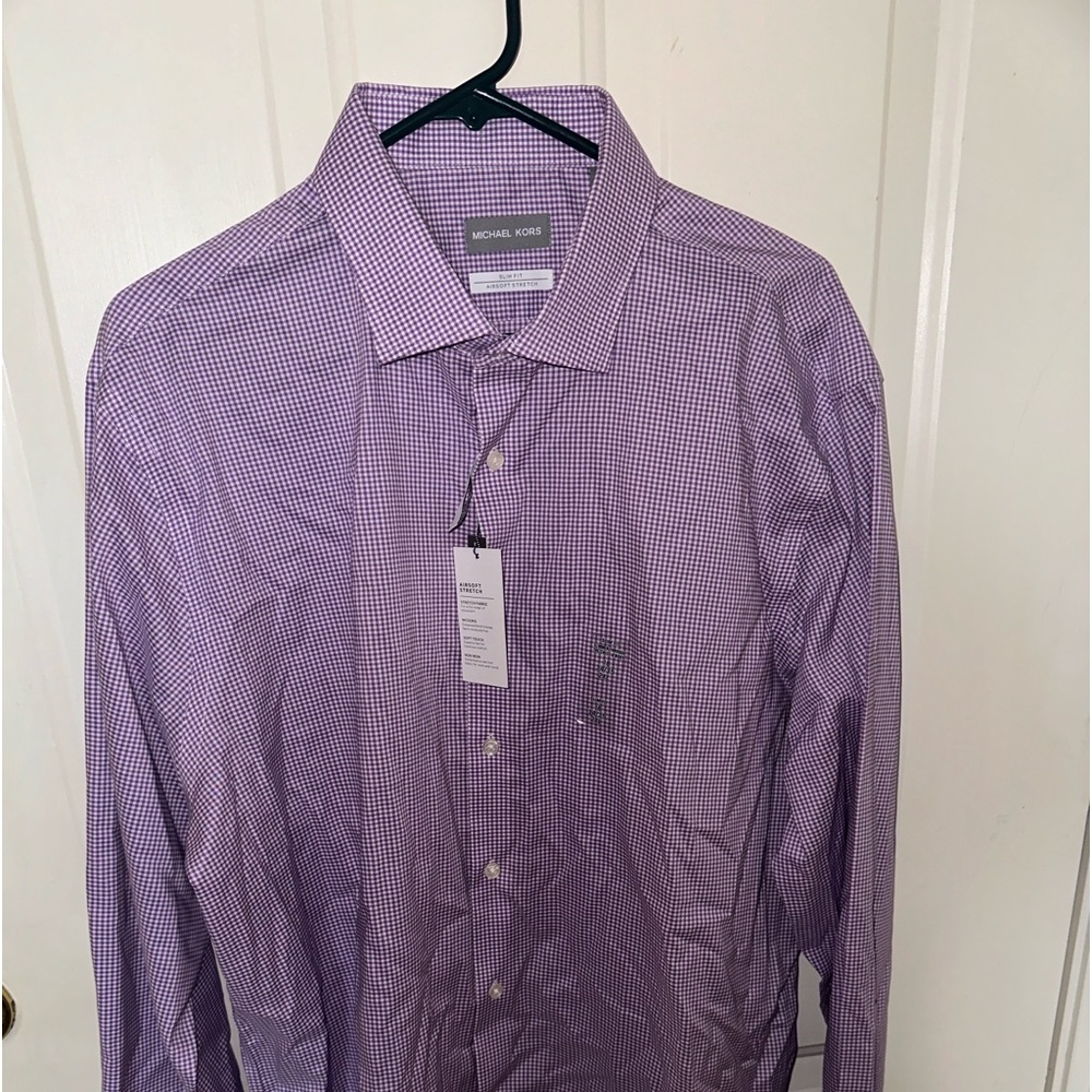 Michael Kors Slim Fit Airsoft Stretch Purple Check Sz 18 34/35 2XL NWT